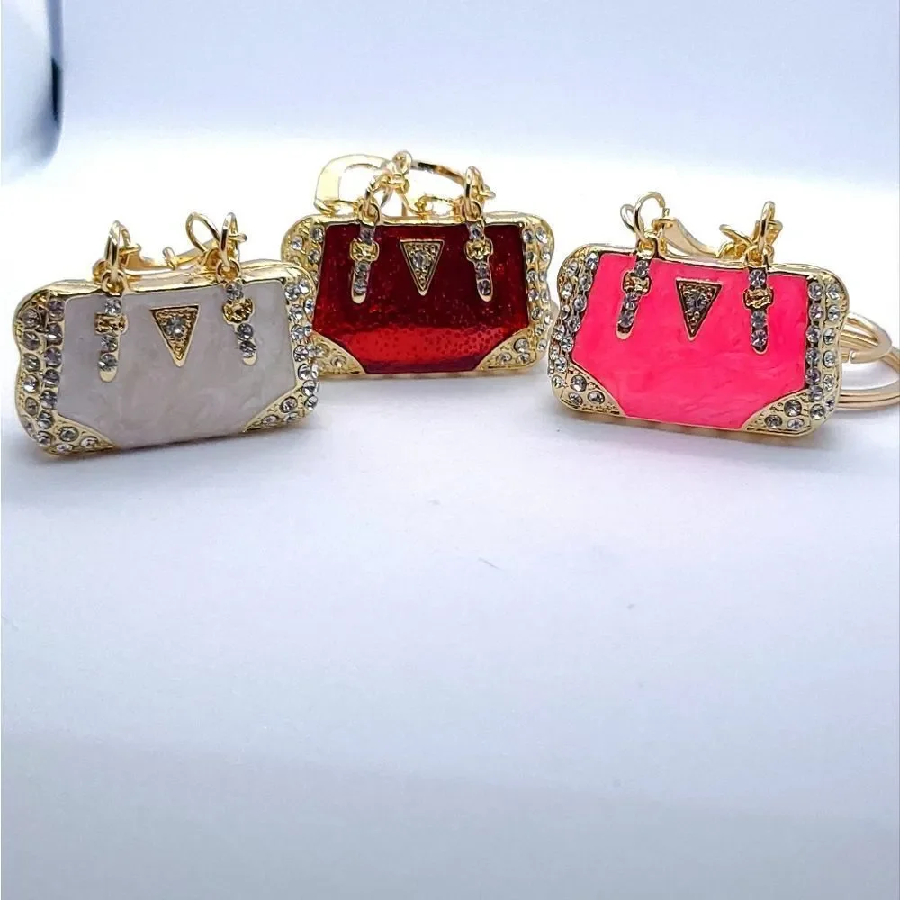 Red Mini Handbag Purse Charm Keychain Rhinestone Gold Bag Clip Enamel Accessory
